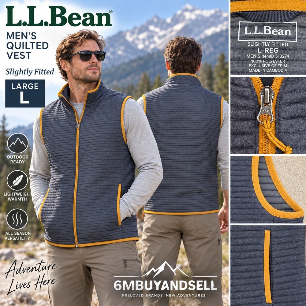 LL Bean Mens Slightly Fitted Quilted Full Zip Vest Gray Yellow 513274 Large L